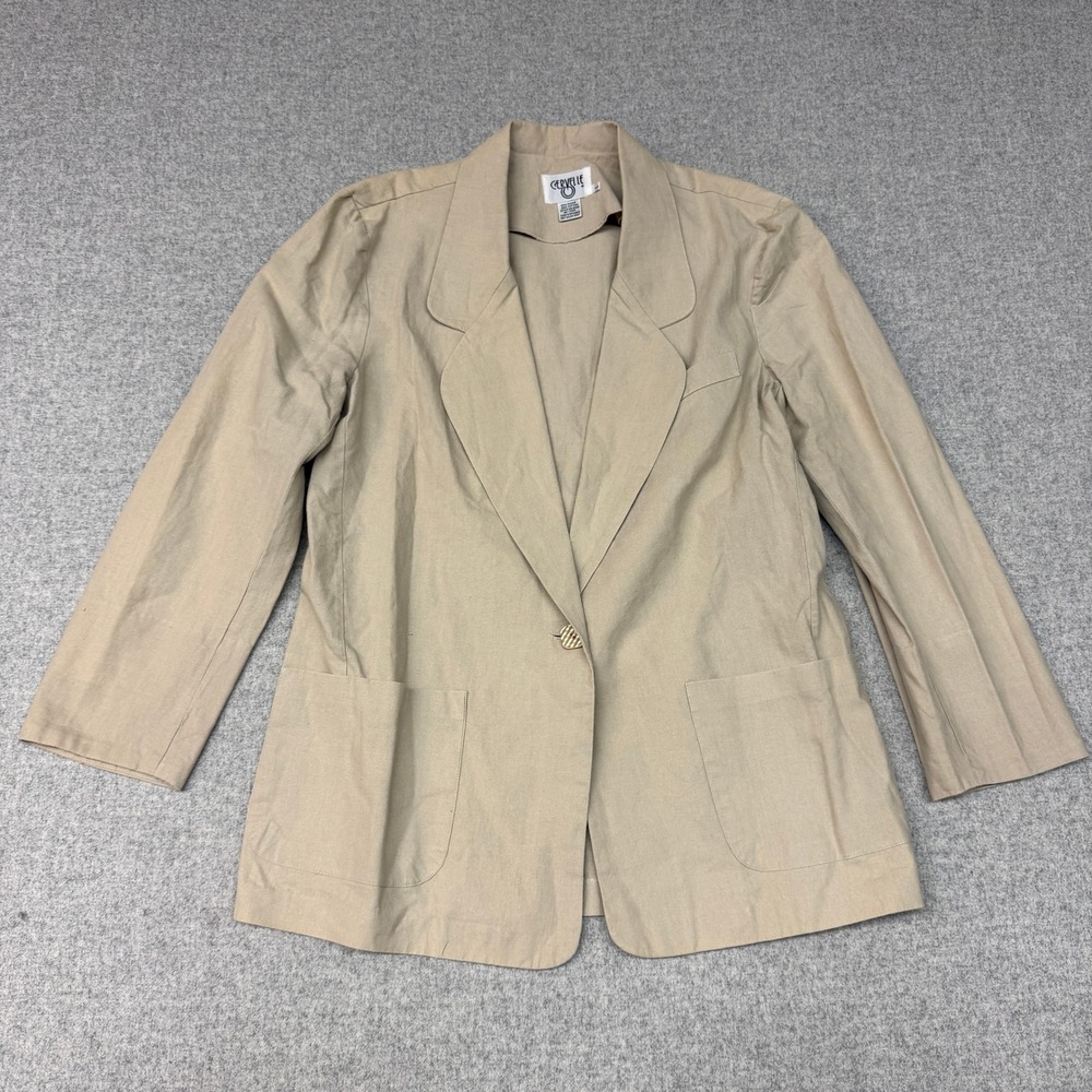 Cervelle Blazer Jacket Size Large Tan Beige Ramie Cotton Single Button Pockets